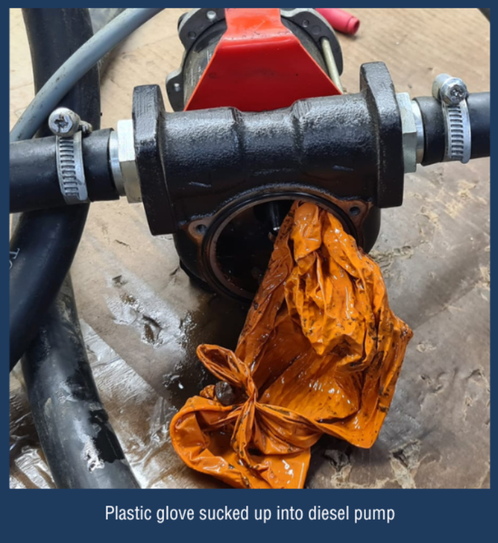Plastic glove sucked up into diesel pump