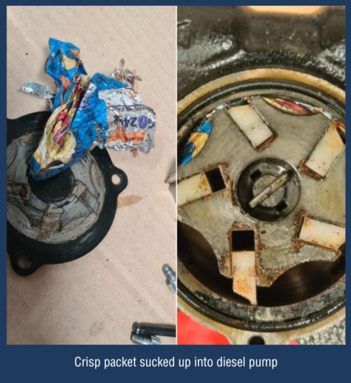 Crisp packet sucked up into diesel pump